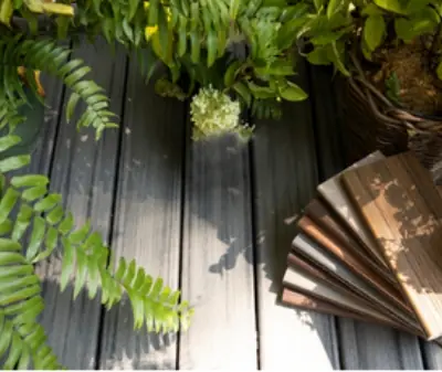 Photo of composite deck color options surrounded by plants.