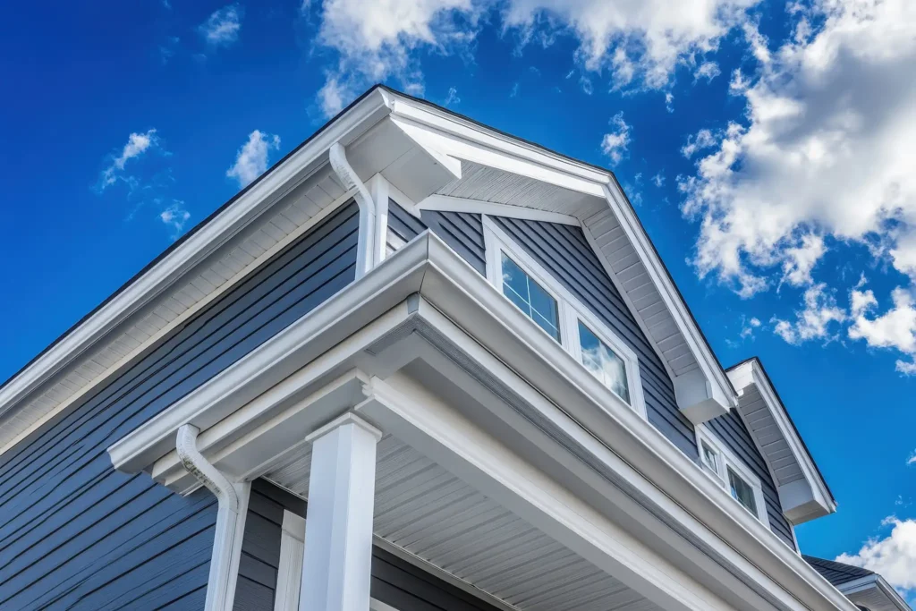 Home with blue siding and white trim and gutters looking up from the front overhang at the partly cloudy sky.