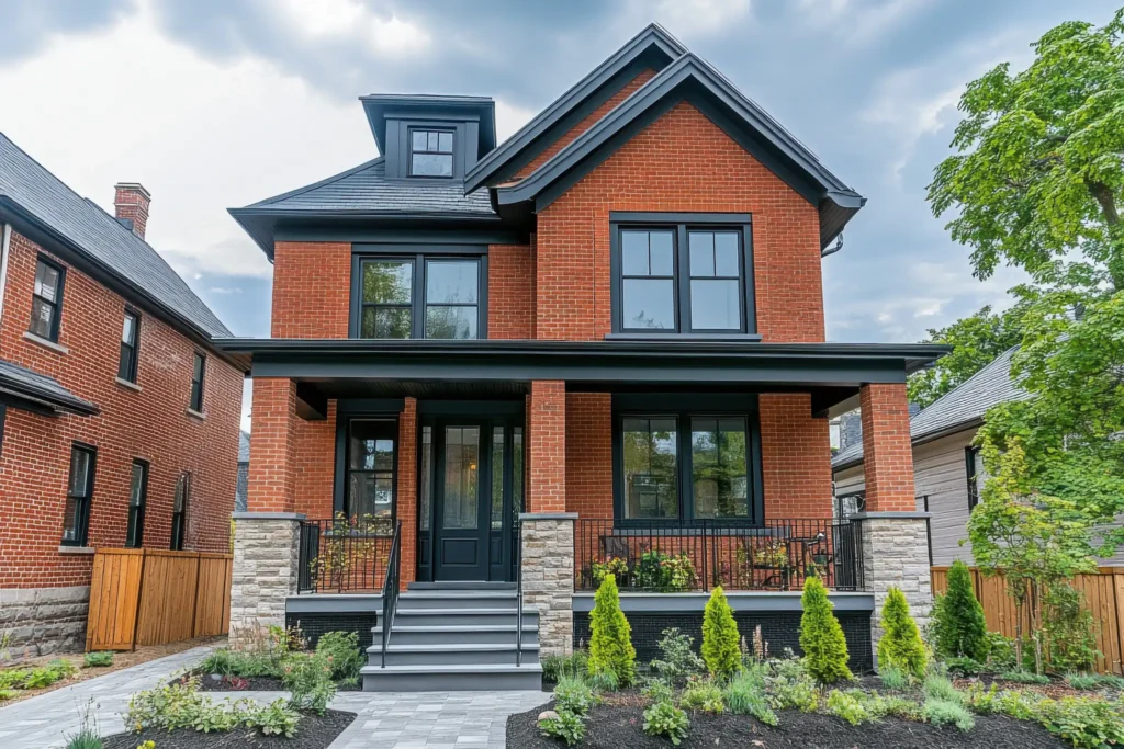Photo of brick house with metal roof and covered front porch.