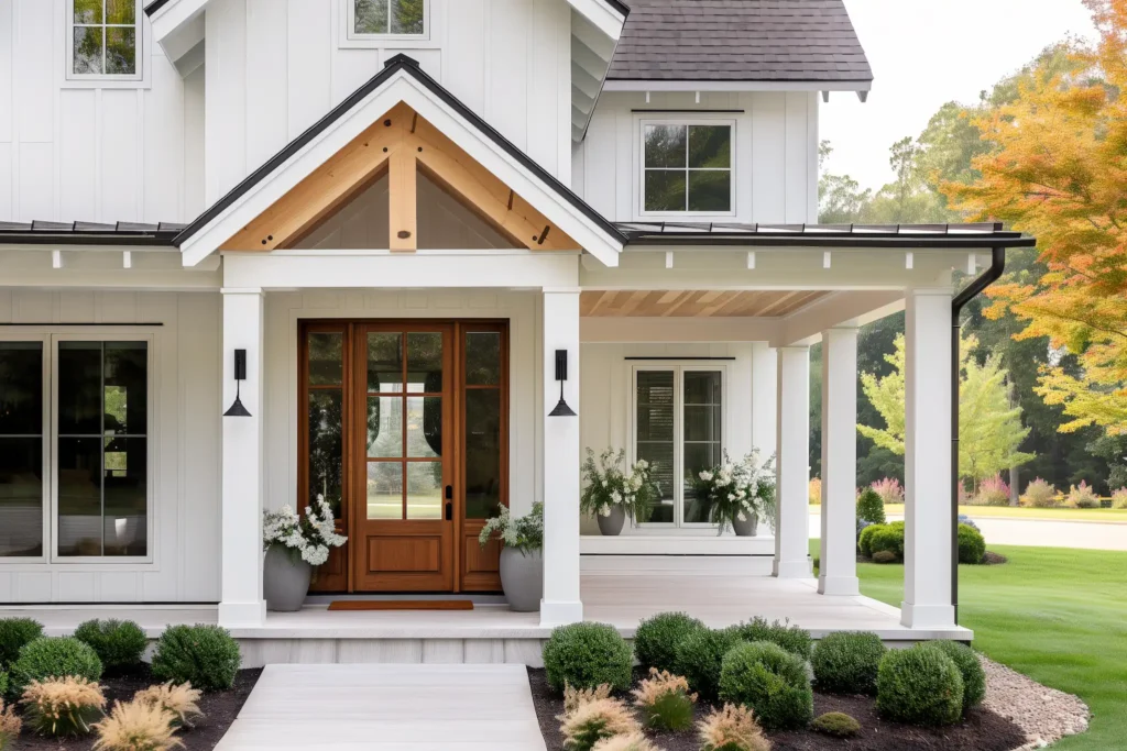 Home with white trim, black roofing and shingles, deck, and dark wood door with large windows.