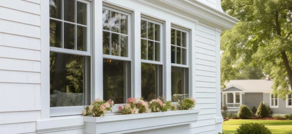 Windows on a home with wide siding and trim. A colorful flower box hangs below the set of four windows.
