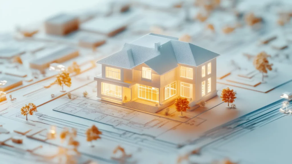 Photo of an unpainted model home lit with orange light from the inside. It is sitting on a miniature of the surrounding neighborhood.