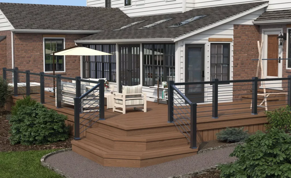 3D rendering of a home with a mix of white siding and red brick, enclosed patio and dark brown furnished deck with black railing.