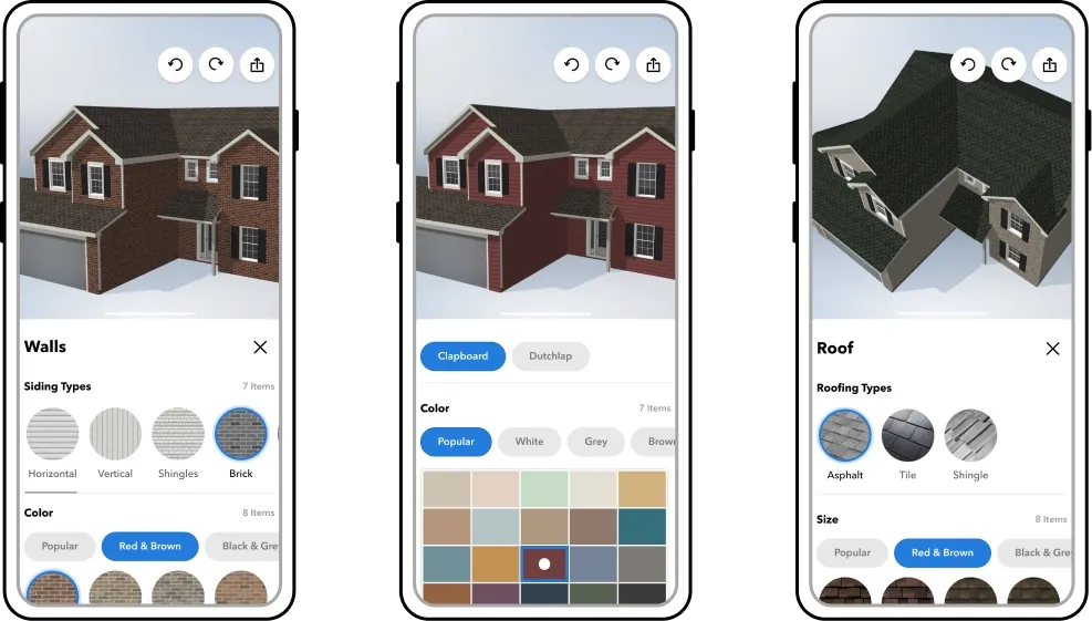 Graphic of a cell pone showing the design tools allowing for changing wall, siding and roofing types and colors with a 3D rendered visualization showing the changes in real time.