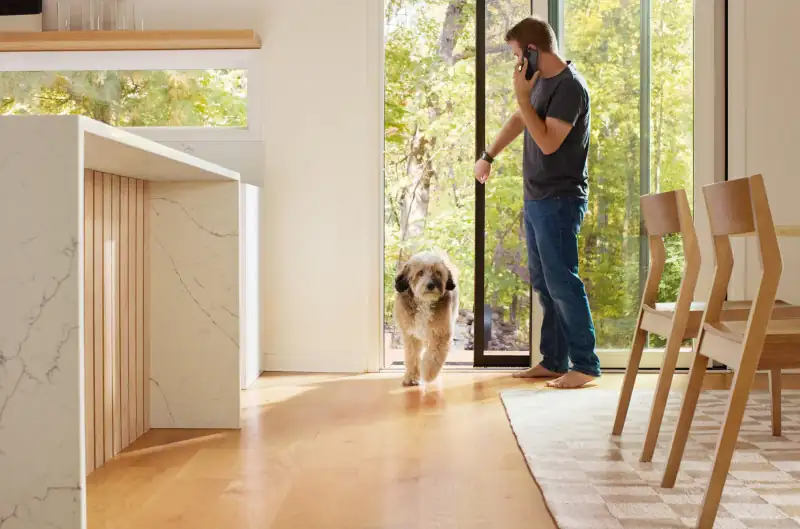 Photo of a person talking on a cell phone while letting their dog in through a sliding glass door that uses highly efficient Pella Glass.