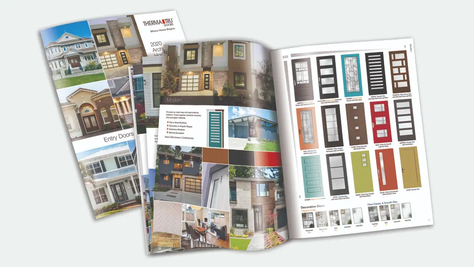 Open magazine showing various, flexible door designs and styles available from ThermaTru.
