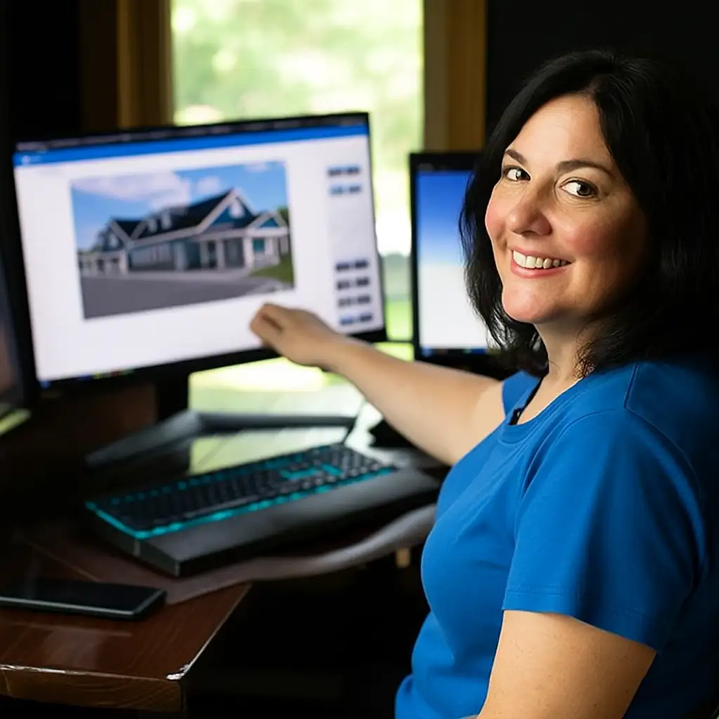 Photo of a person walking though a design on the NexGen Remodeling Design Pro online design tool on a computer monitor. You can collaborate with experts resulting in a style of your own.