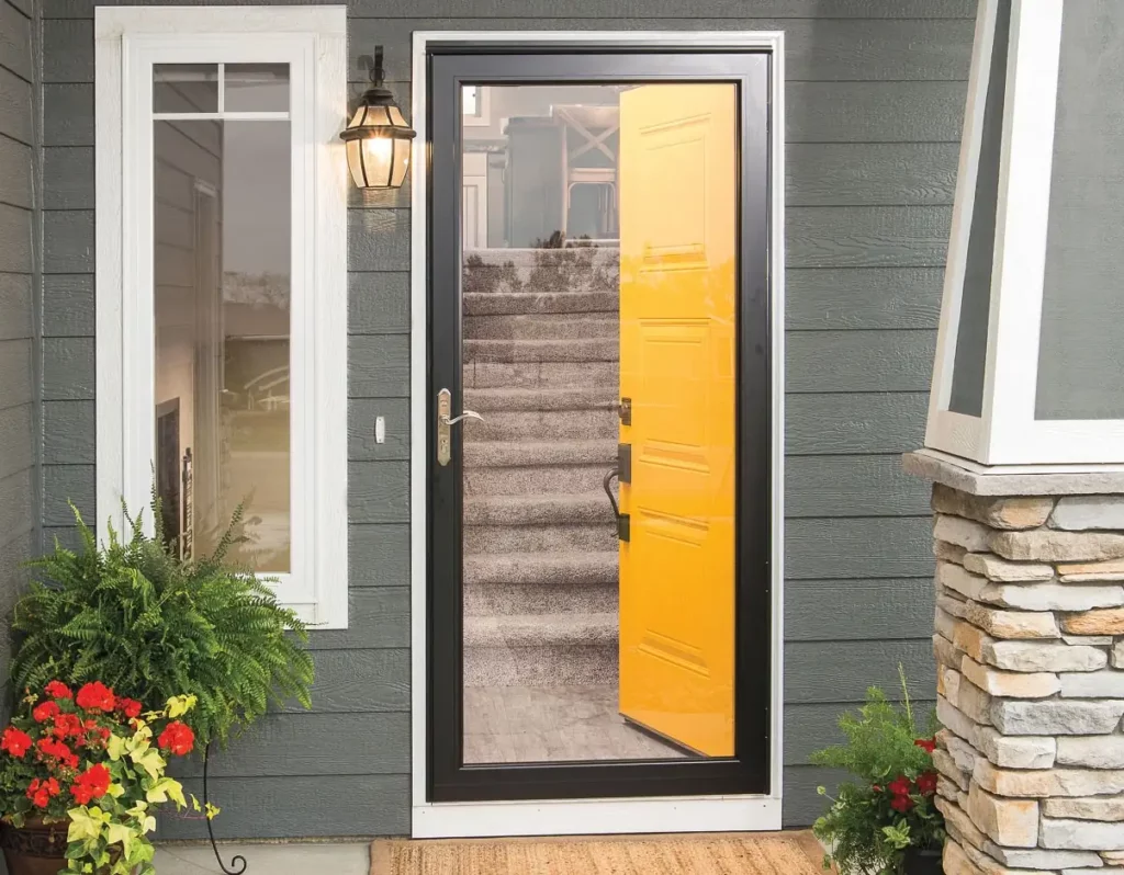 Photo of a front door showing an outer glass storm door with black trim and an inner yellow front door. Pella provides a range of personalized styles.