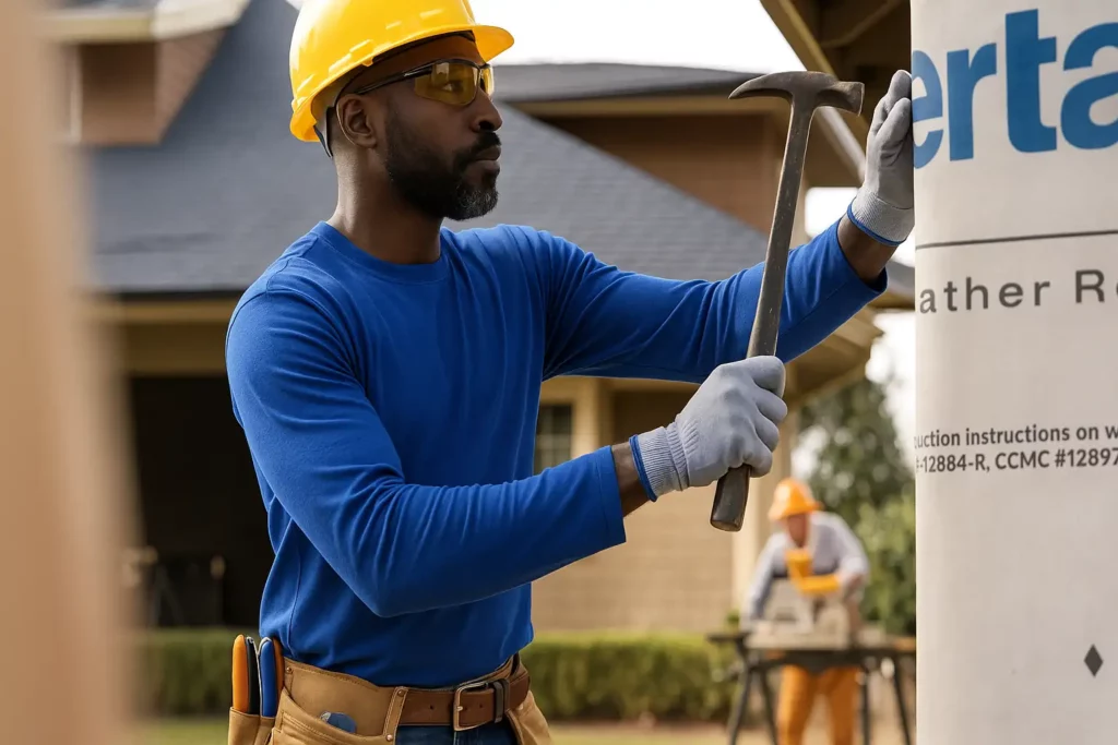 Photo of a team member putting weatherproofing material on a home.
