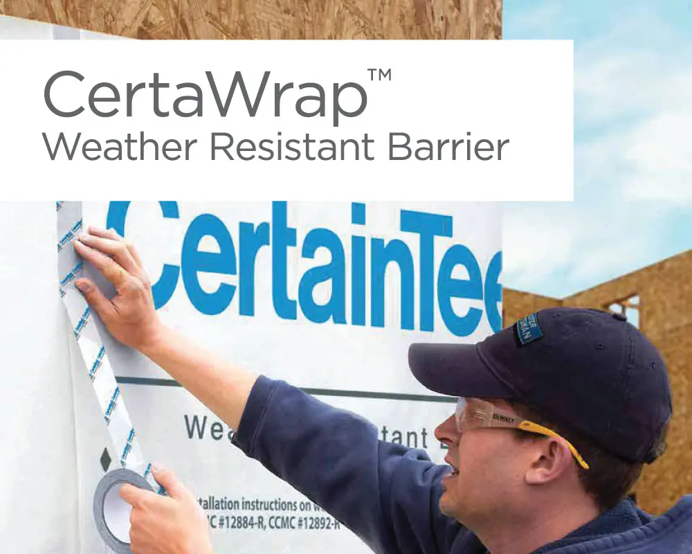 Photo of installer applying tap to CertainTeed CertaWrap Weather Resistant Barrier.