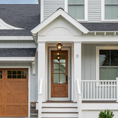 Photo of the front of a home with gray vertical and horizontal James Hardie siding and wood front and garage doors providing unmatched curb appeal.