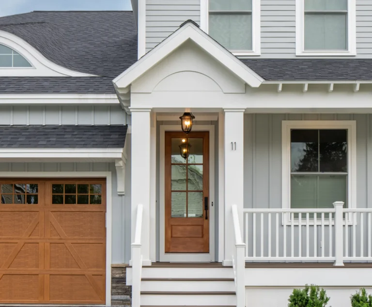 Photo of the front of a home with gray vertical and horizontal James Hardie siding and wood front and garage doors providing unmatched curb appeal.