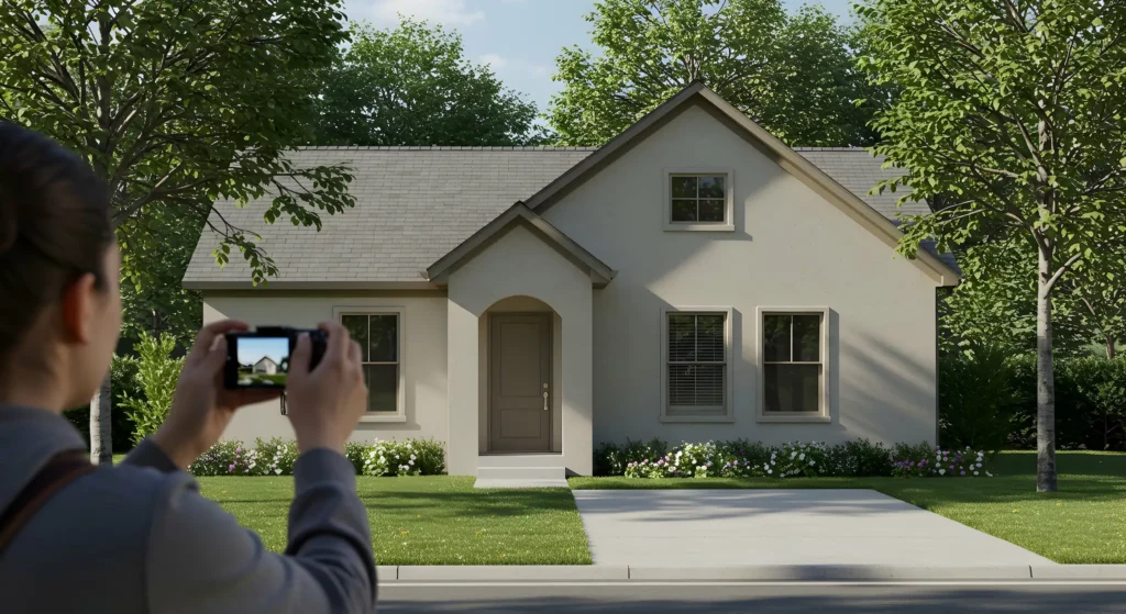Photo of a person taking a photo of the front of a beige house with dark beige trim and pink and white flowers along the front with trees on either side and behind.