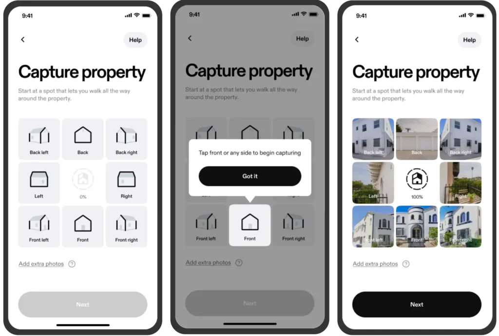 Screen captures of taking photos of your home (capturing your property) so the design tool can show various styles overlayed on your home.