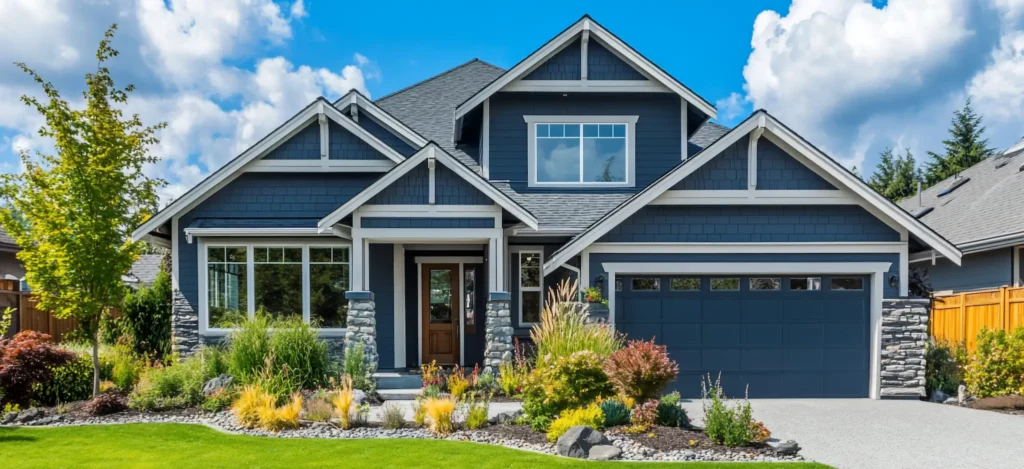 Photo of two-story house with blue siding, white trim, attached garage, dormer window and colorful landscaping.