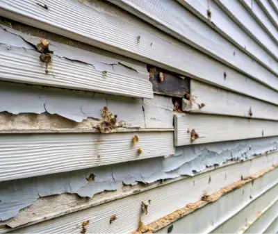 Photo of siding that has been damaged by pests and covered in various nests and holes.