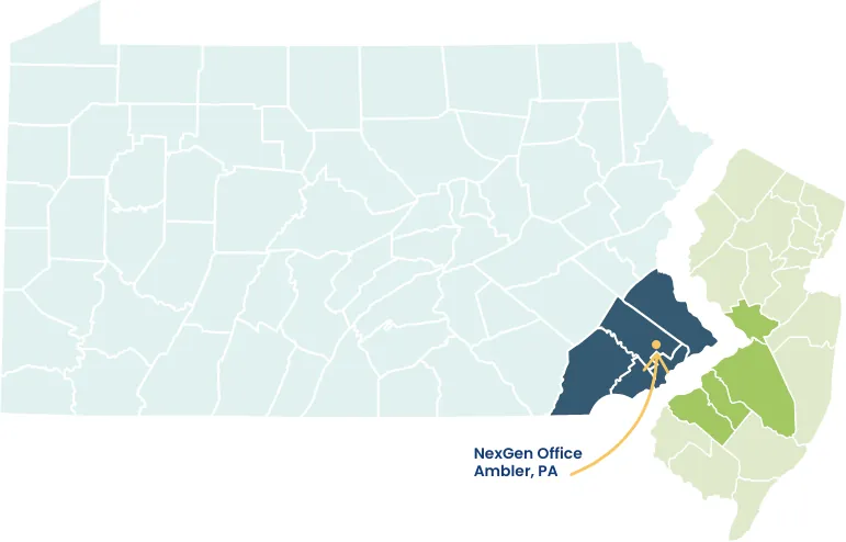 Map of Pennsylvania and New Jersey with counties in southeastern Pennsylvania and mid-western New Jersey highlighted to show NexGen Remodeling's service area. An arrow points to Amber, PA to show where NexGen's headquarters are located.