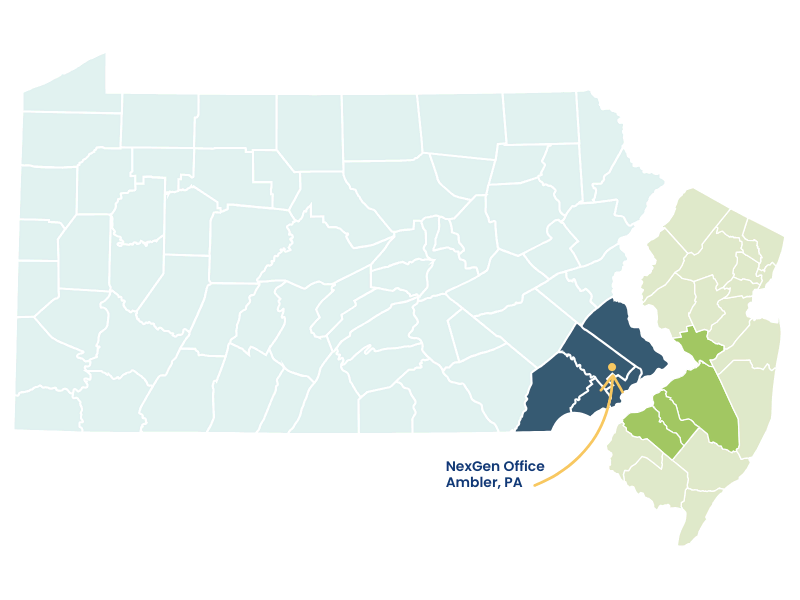 Map of Pennsylvania and New Jersey with counties in southeastern Pennsylvania and mid-western New Jersey highlighted to show NexGen Remodeling's service area. An arrow points to Amber, PA to show where NexGen's headquarters are located.